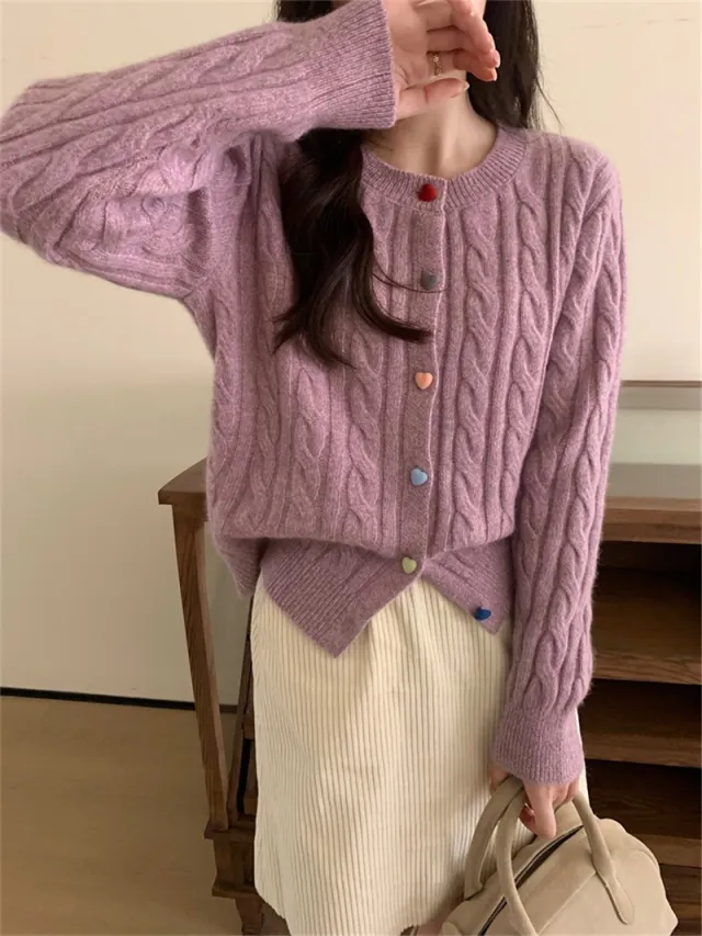 Gentle Color Heart Buckle Cable knit Sweater Coat For Women Purple - Shop at LoveMi