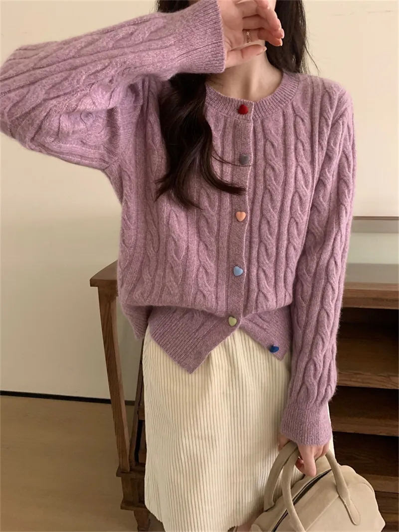 Gentle Color Heart Buckle Cable-knit Sweater Coat For Women - Purple
