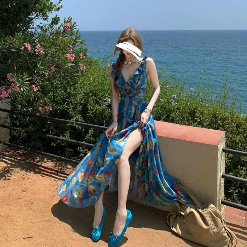 French Vacation Style Floral V neck Strap Dress Blue - Shop at LoveMi