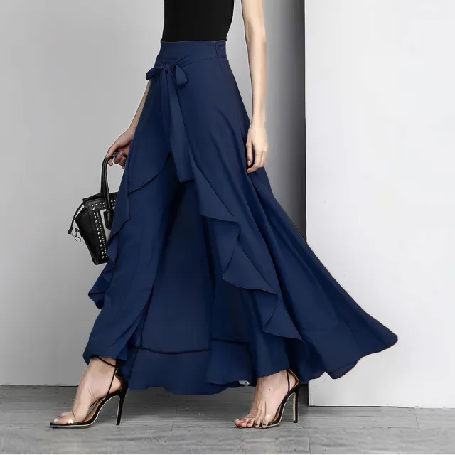 Wear High Waist Wide Leg Pants Wide Hem Ruffled Long Culottes Dark Blue - Shop at LoveMi