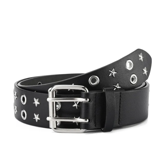 Punk Double Row Pin Buckle Denim Five star All match Men's Leather Belt 110Cm - Shop at LoveMi