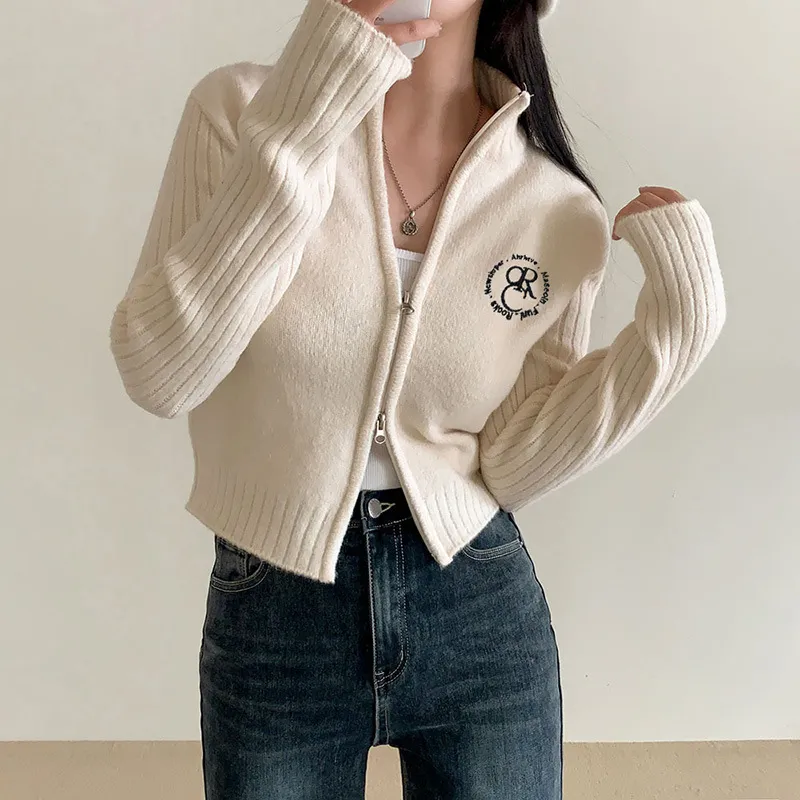 Double-headed Zipped Stand Collar Long-sleeved Woolen Coat - White