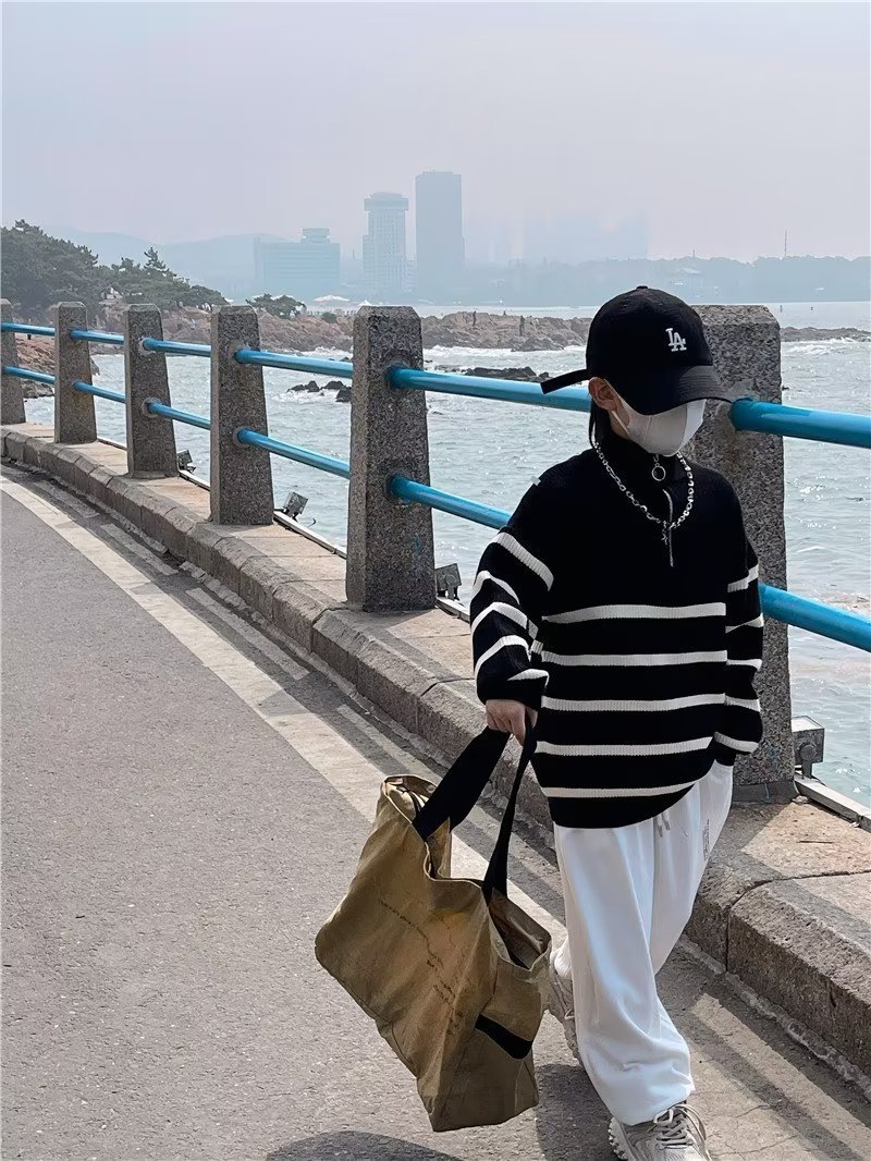 Western Style Pullover Half Zipper Striped Sweater