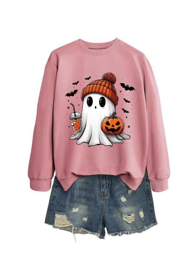 Fashion Long Sleeve Milk Tea Pumpkin Bat Printed Crew Neck Sweatshirt Gold - Shop at LoveMi
