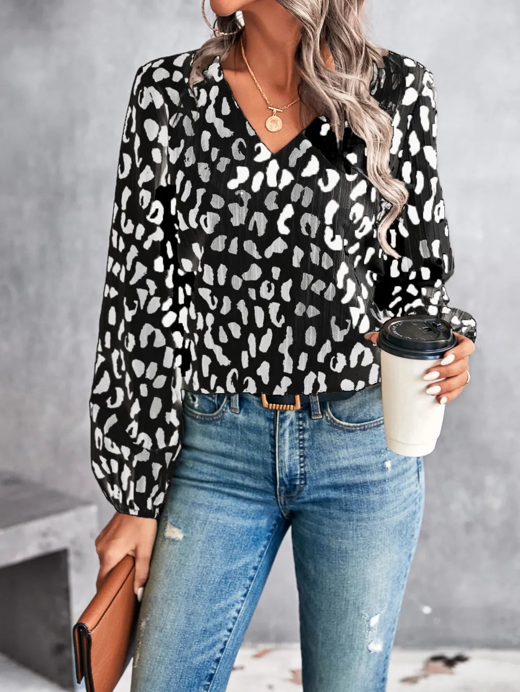 Elegant V-neck Shirt Top - Black