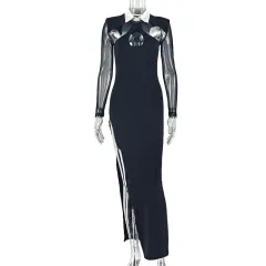 Body-hugging Shirt Collar Long Sleeve Design Hollow-out Dress - Black - View 1