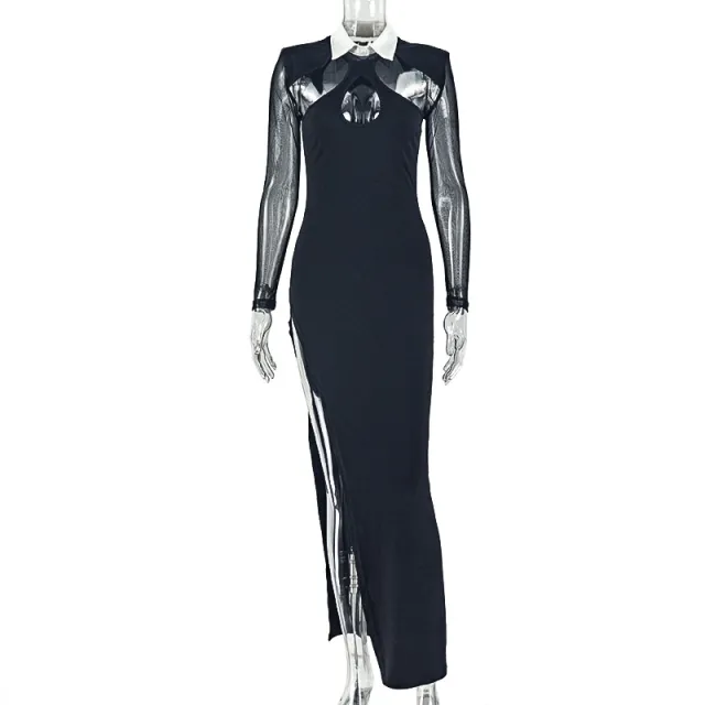 Body hugging Shirt Collar Long Sleeve Design Hollow out Dress Black - Shop at LoveMi