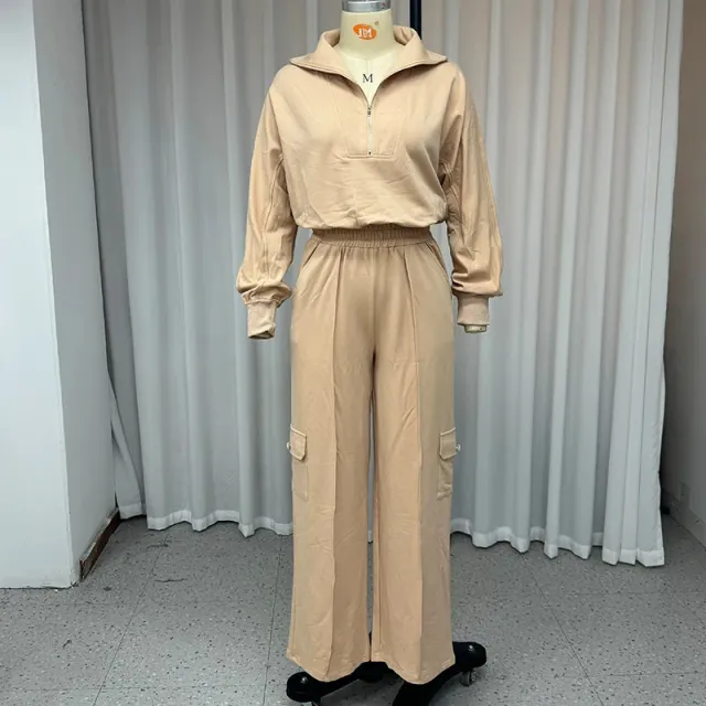 Women's Lapel Short Top High Waist Work Clothes Wide Leg Pants Two piece Set Camel - Shop at LoveMi