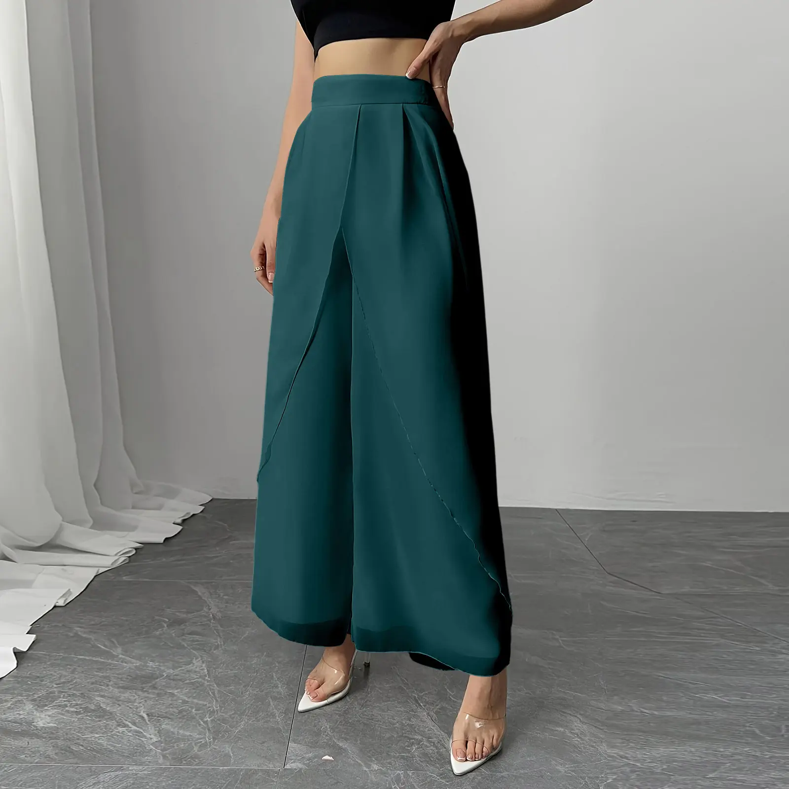 Womens Solid-color Casual High-waisted Wide-leg Pants