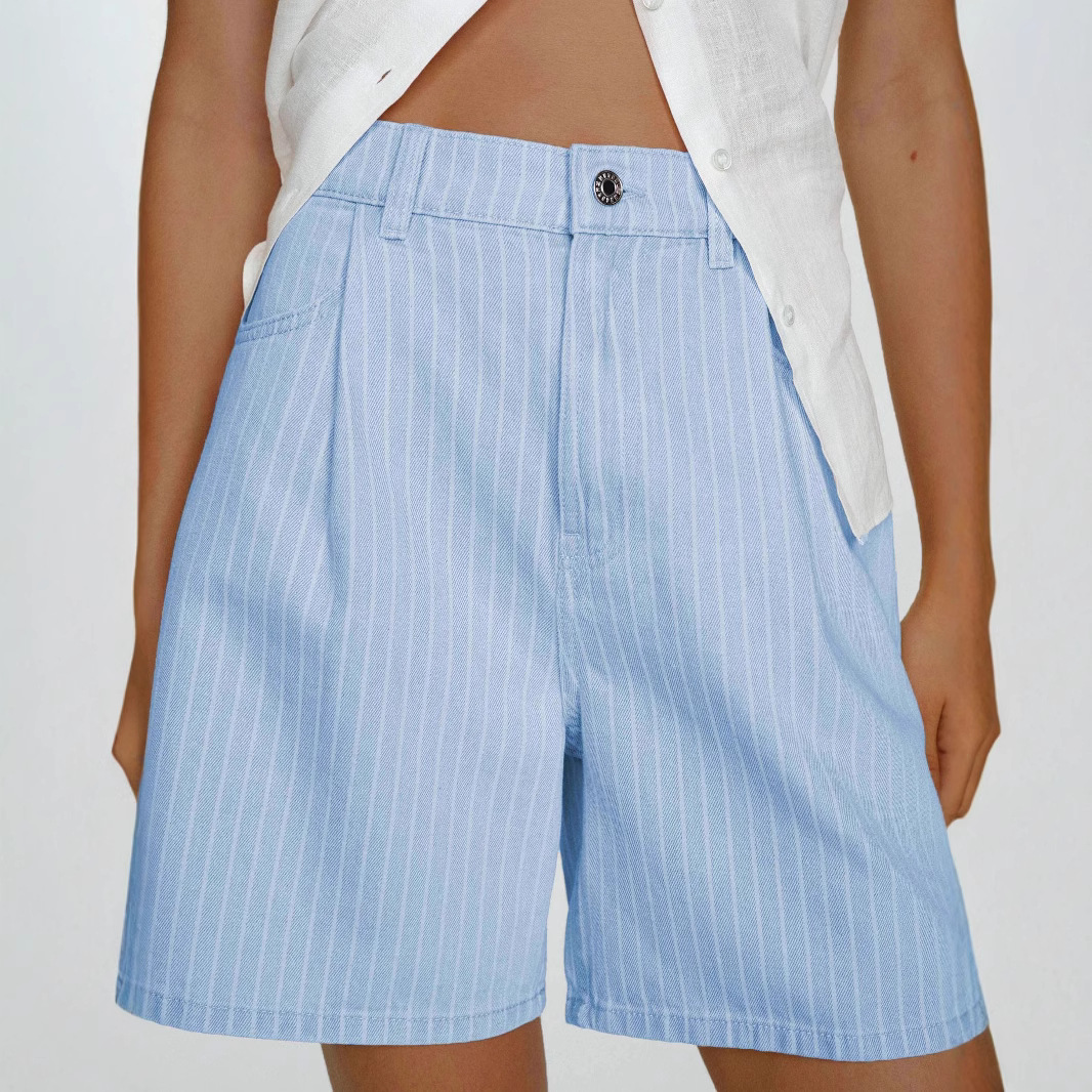 Fashionable Casual Striped Loose-fit High-waisted Plus-size Denim Shorts