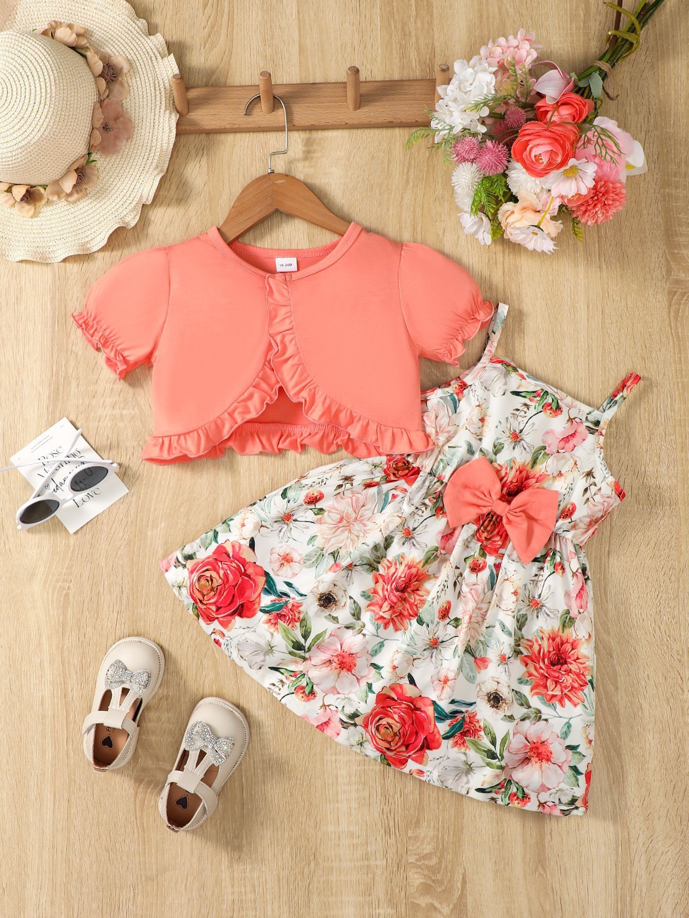 Sweet Little Girl's Floral Print Bowknot Suspender Dress Set