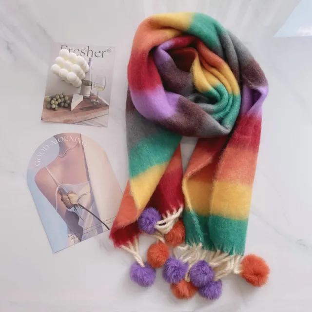 Rainbow Dopamine Mohair Tassel Scarf Above 175Cm - Shop at LoveMi