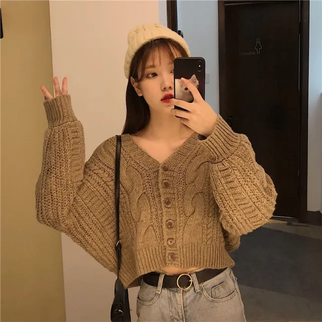 Women's Short Twist Lantern Sleeve Sweater Coat Khaki - Shop at LoveMi