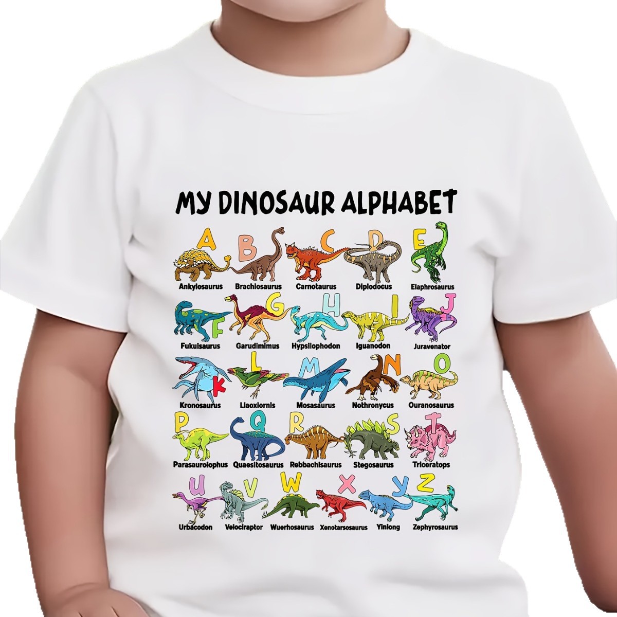 Boys Fashionable Short-sleeved Casual Top With A Dinosaur-themed 26-letter Print