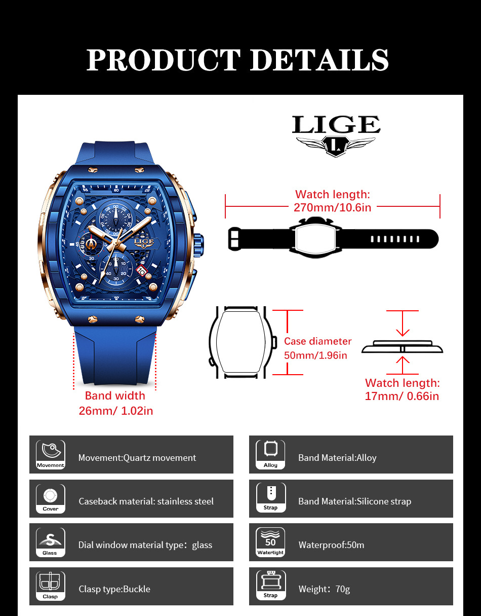 Lige Sports Multifunctional Luminous Waterproof Quartz watch for Men