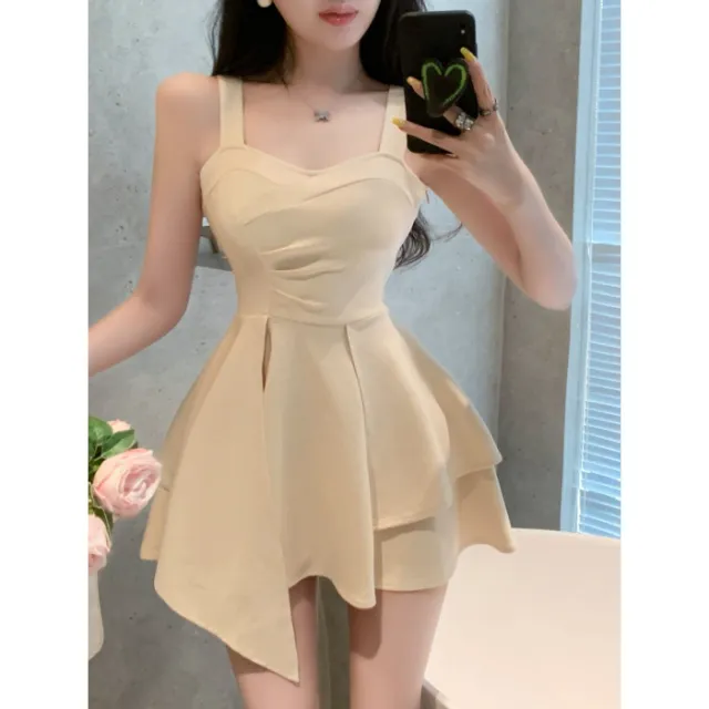 French style Sweet And Spicy Chic Sexy Backless Strap Dress Apricot - Shop at LoveMi