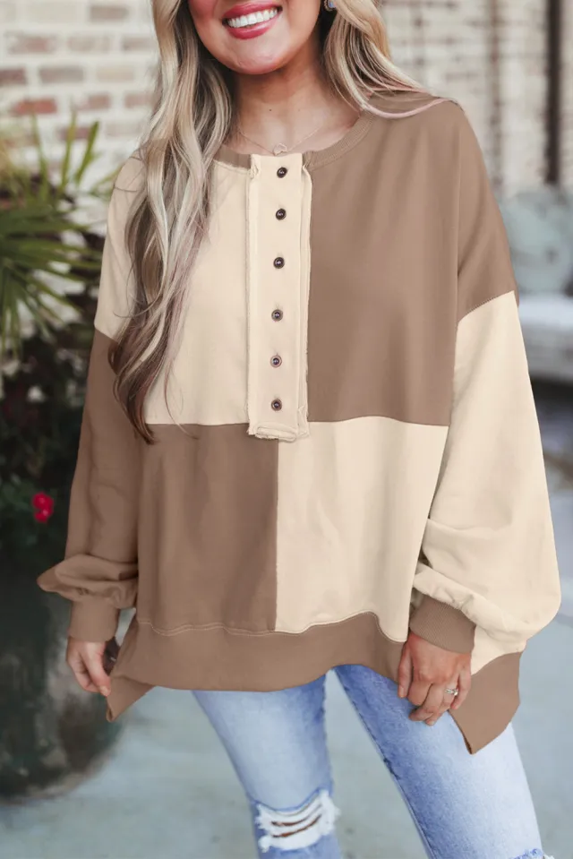 Women's Stitching Buckle Long Lapel Sweater Khaki - Shop at LoveMi
