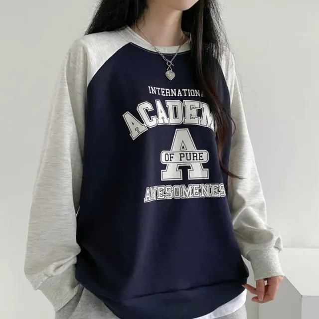 Women's Patchwork Pattern Sweater Springautumnwinter Korean Style Fleece lined Dark Blue Thin - Shop at LoveMi