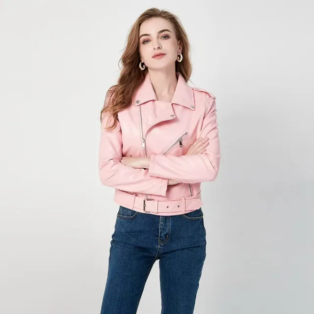 Women's Fashion Diagonal Zipper Slim Fit Washed Motorcycle Jacket Pink - Shop at LoveMi