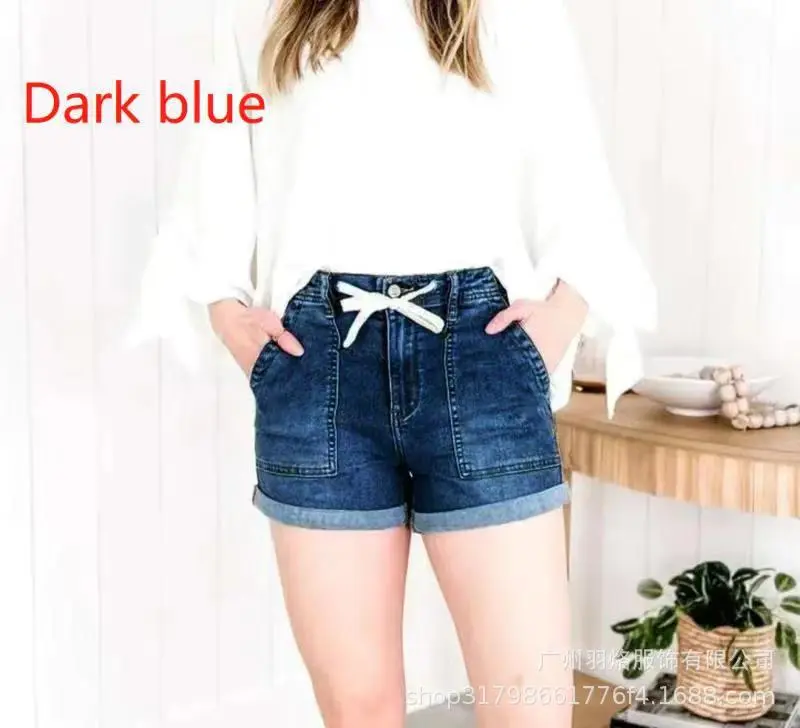 Denim Women's Pants Belt Design Elastic - Shorts Blue