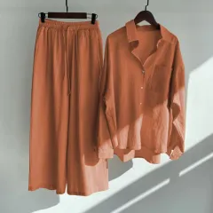 Women's 2-piece Retro Plus Size Cotton Linen Shirt Outfit High Waist Loose Trousers - Orange - View 1