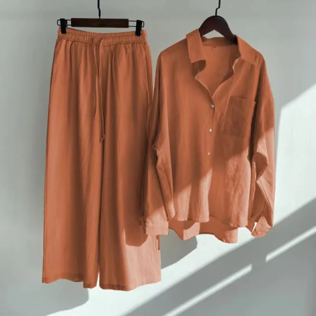 Women's 2 piece Retro Plus Size Cotton Linen Shirt Outfit High Waist Loose Trousers Red - Shop at LoveMi