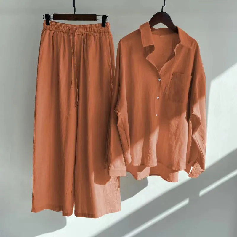 Women's 2-piece Retro Plus Size Cotton Linen Shirt Outfit High Waist Loose Trousers - Orange