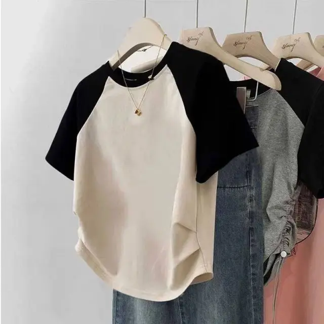 Women's Cotton Stretch Crew Neck Short Sleeve Stitching Top Apricot - Shop at LoveMi