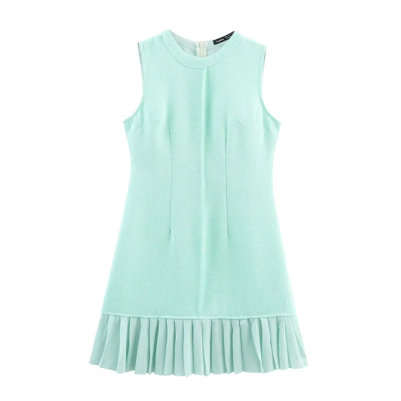 French Fashion Square Collar Sleeveless Pleated Dress - Green