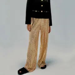 Pure Color Sequins Fashion Casual Straight Pants - Gold - View 1