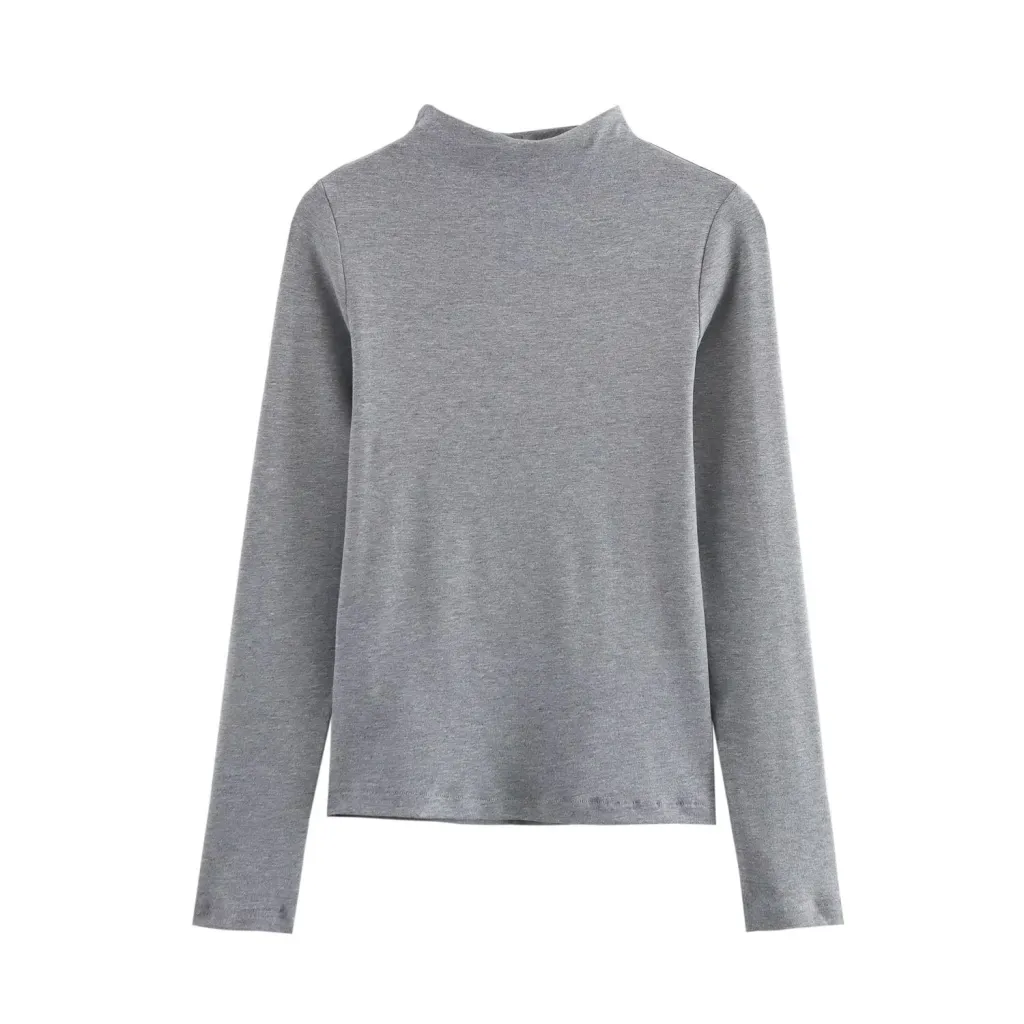 New Fall Women's Clothing Fashion All-match Simple Turtleneck Turtleneck T-shirt - Grey