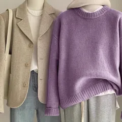 Loose Idle Style Sense Of Relaxation Round Neck Base Inner Sweater - Violet-M - View 1
