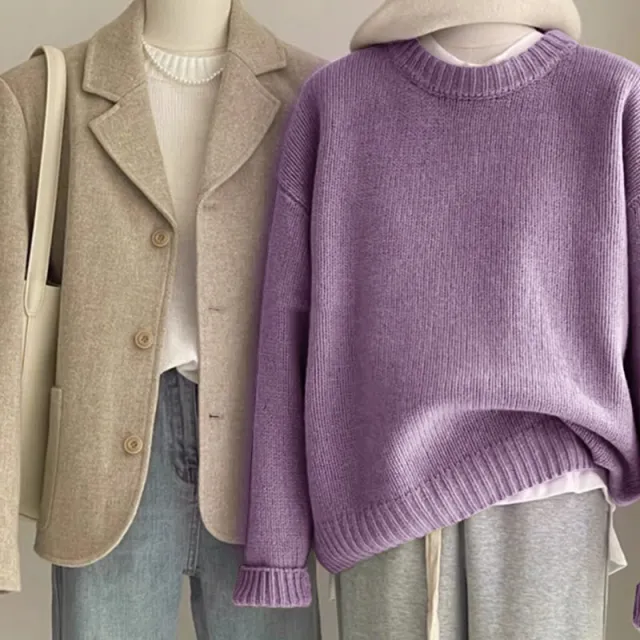 Loose Idle Style Sense Of Relaxation Round Neck Base Inner Sweater Violet M - Shop at LoveMi