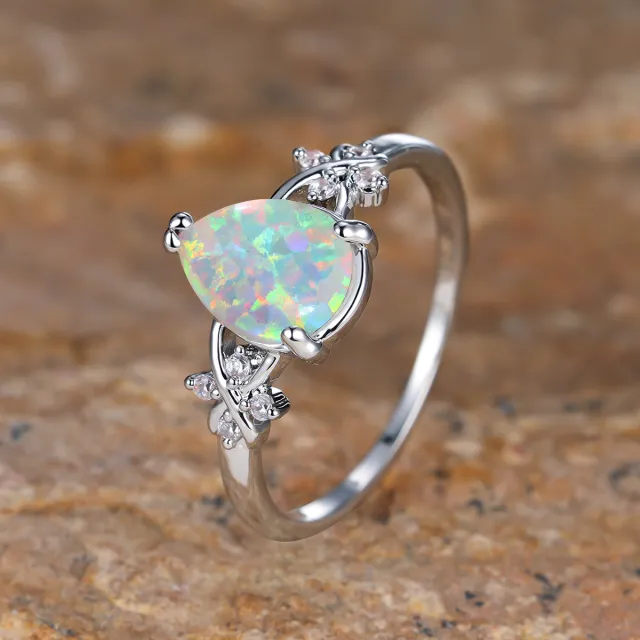 Drop shaped Inlaid Zircon White Diamond Flower Ring Vintage Simple All Match Jewelry Palladium White - Shop at LoveMi