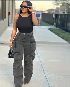 European And American Fashion Multi-pocket Jeans Washed Overalls - Black - View 1