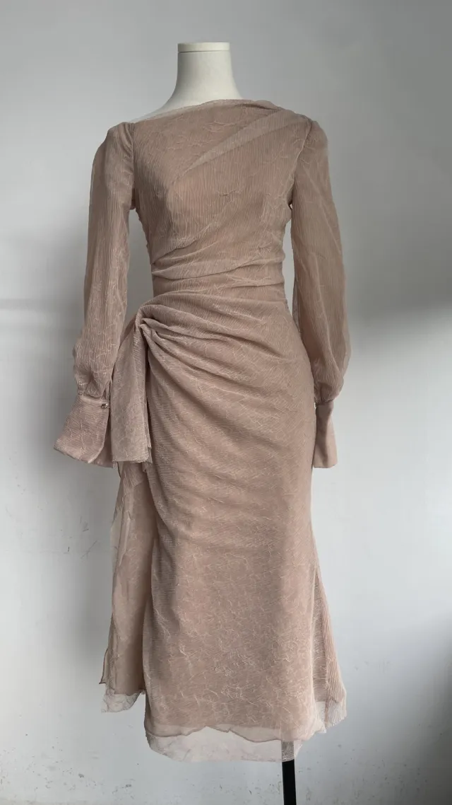 Gentle style Pleated Long sleeve Waist cinching Off shoulder Gown With Pleats In A Ladylike Aesthetic Khaki - Shop at LoveMi