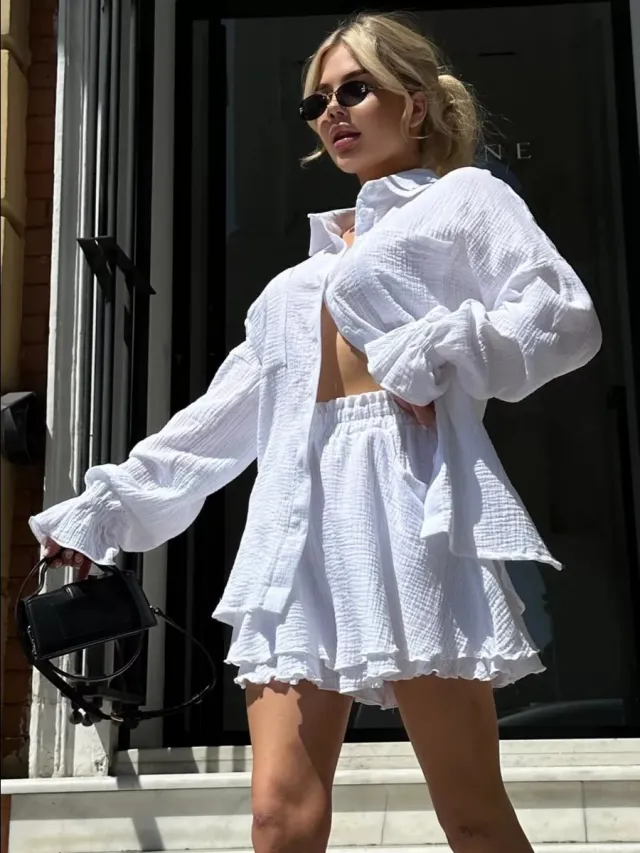Long Sleeve Ruffled Shirt Double Layer Casual Shorts Suit White - Shop at LoveMi