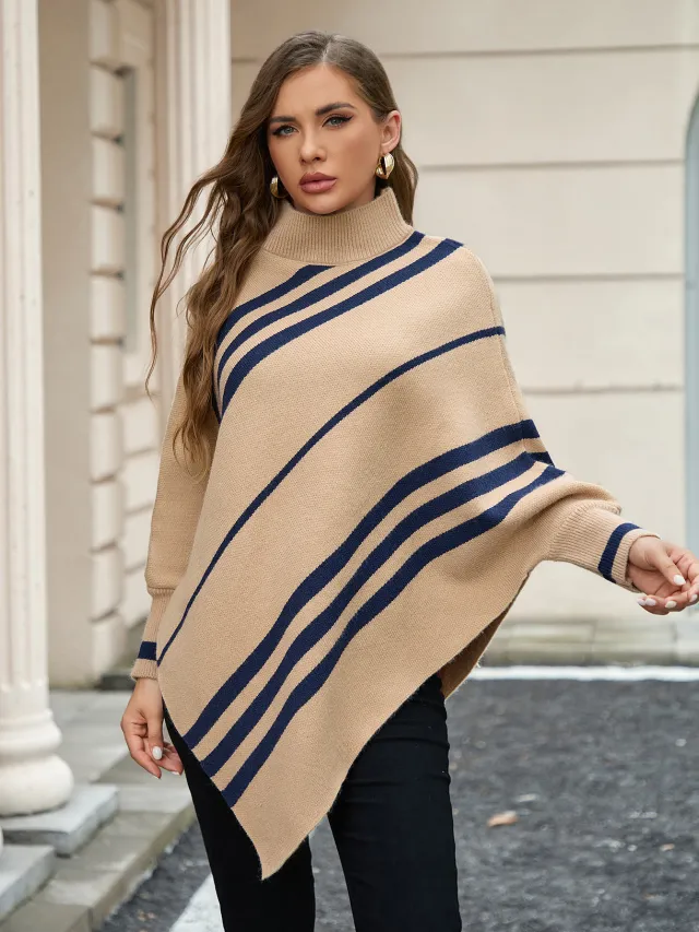 Half Turtleneck Pullover Sweater Striped Batwing Sleeve Shawl Khaki - Shop at LoveMi