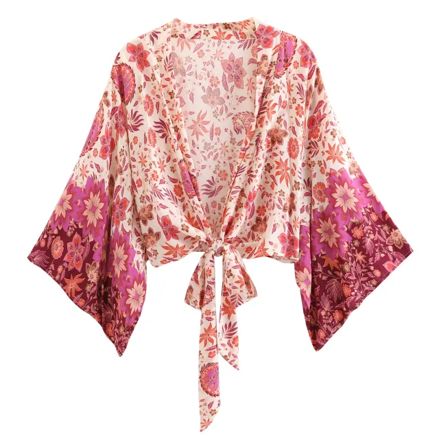 Printed V neck Batwing Sleeve Blouse 145Color - Shop at LoveMi