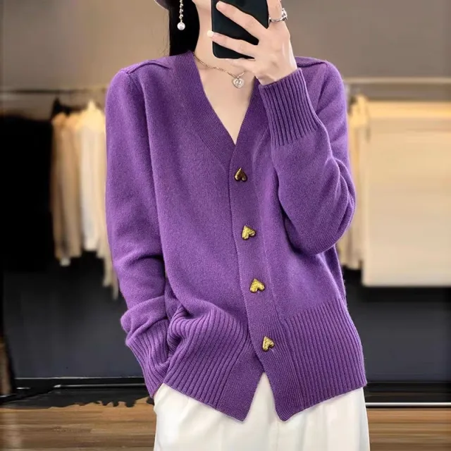 Heart Buckle Solid Color Knitted V neck Cardigan Loose Sweater For Women Purple - Shop at LoveMi