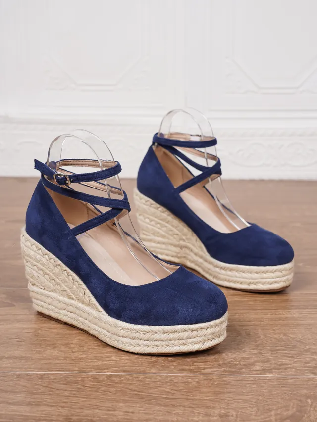 Solid Color Women's Ankle Strap Straw Woven Wedge Platform Shoes Blue - Shop at LoveMi