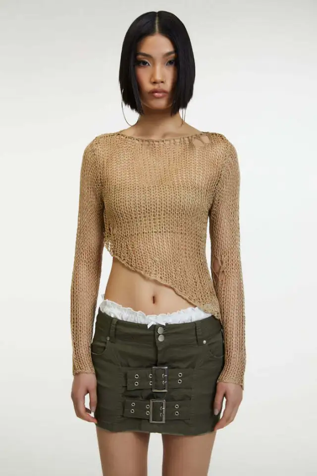 Crew Neck Personality Irregular Sexy Midriff Outfit Sheer Long Sleeve Knitwear Khaki - Shop at LoveMi