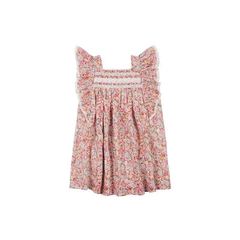 Children's Summer Ethnic Style Holiday Floral Lapel Lace Edge Dress