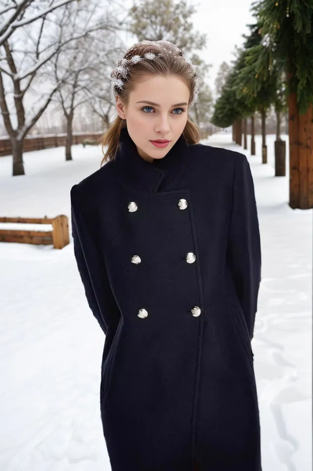 Solid Color Slim Women Woolen Coat Outerwear Blue - Shop at LoveMi