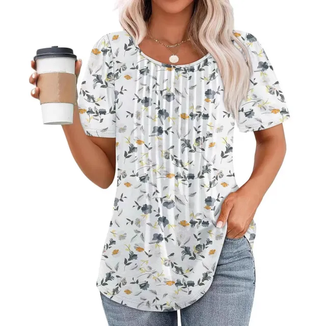 Round Neck Pleated Printed T shirt Light Gray - Shop at LoveMi