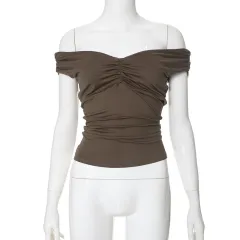 New Solid Colour V-neck Sleeveless Pleated Camisole T-shirt Top - Brown - View 1