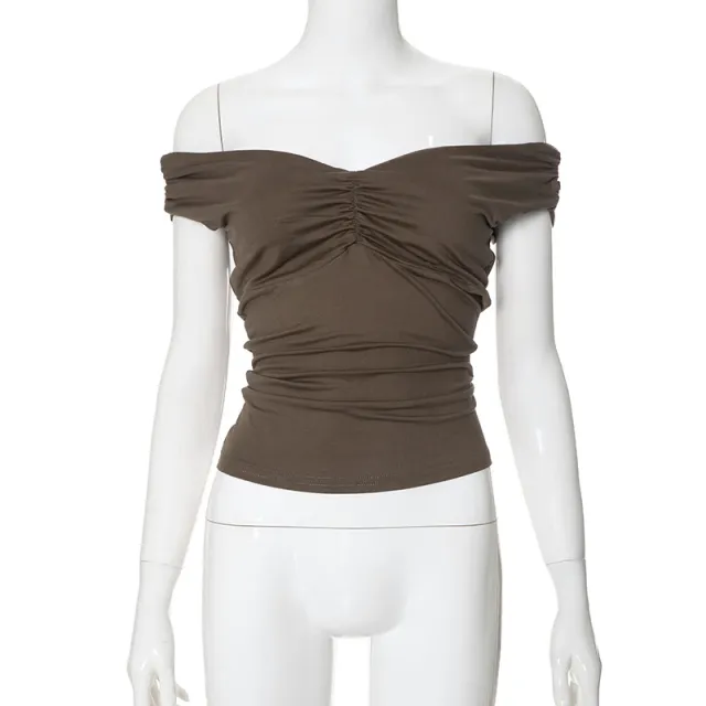 New Solid Color V neck Sleeveless Pleated Camisole T shirt Top Brown - Shop at LoveMi