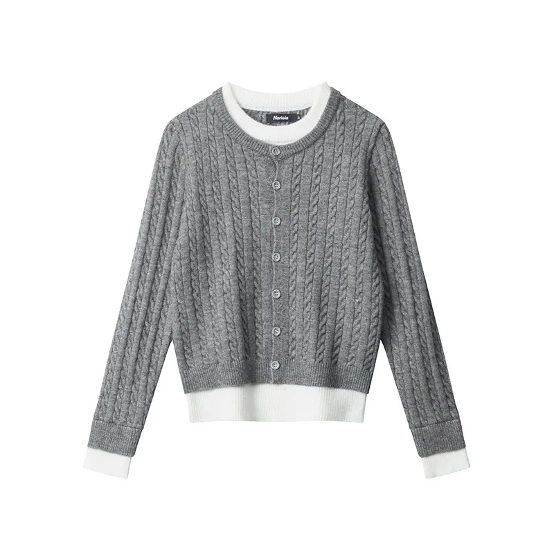 Autumn Winter False-two-piece Wool Cardigan Coat Women's Loose - Gray