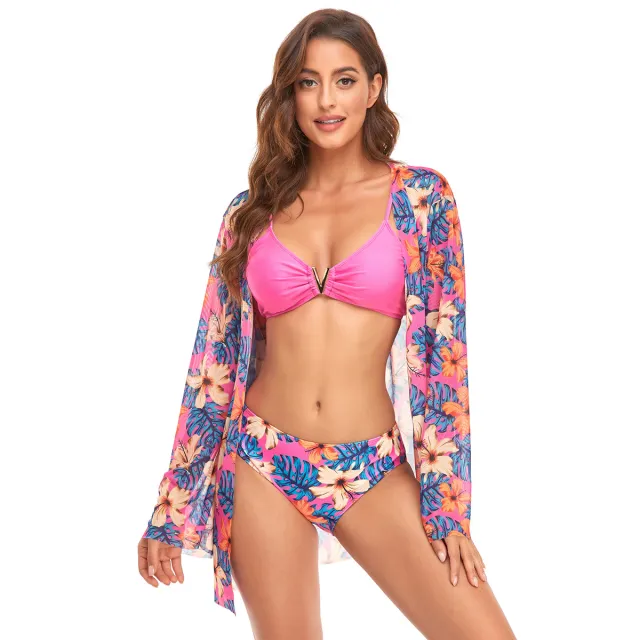 Three Piece V Buckle Solid Color Printing Triangle Bikini Pink - Shop at LoveMi
