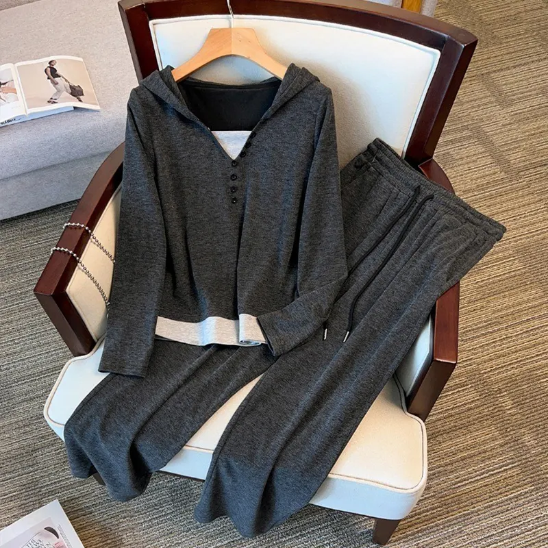 Korean-style Long-sleeve Faux Two-piece Top And Straight-leg